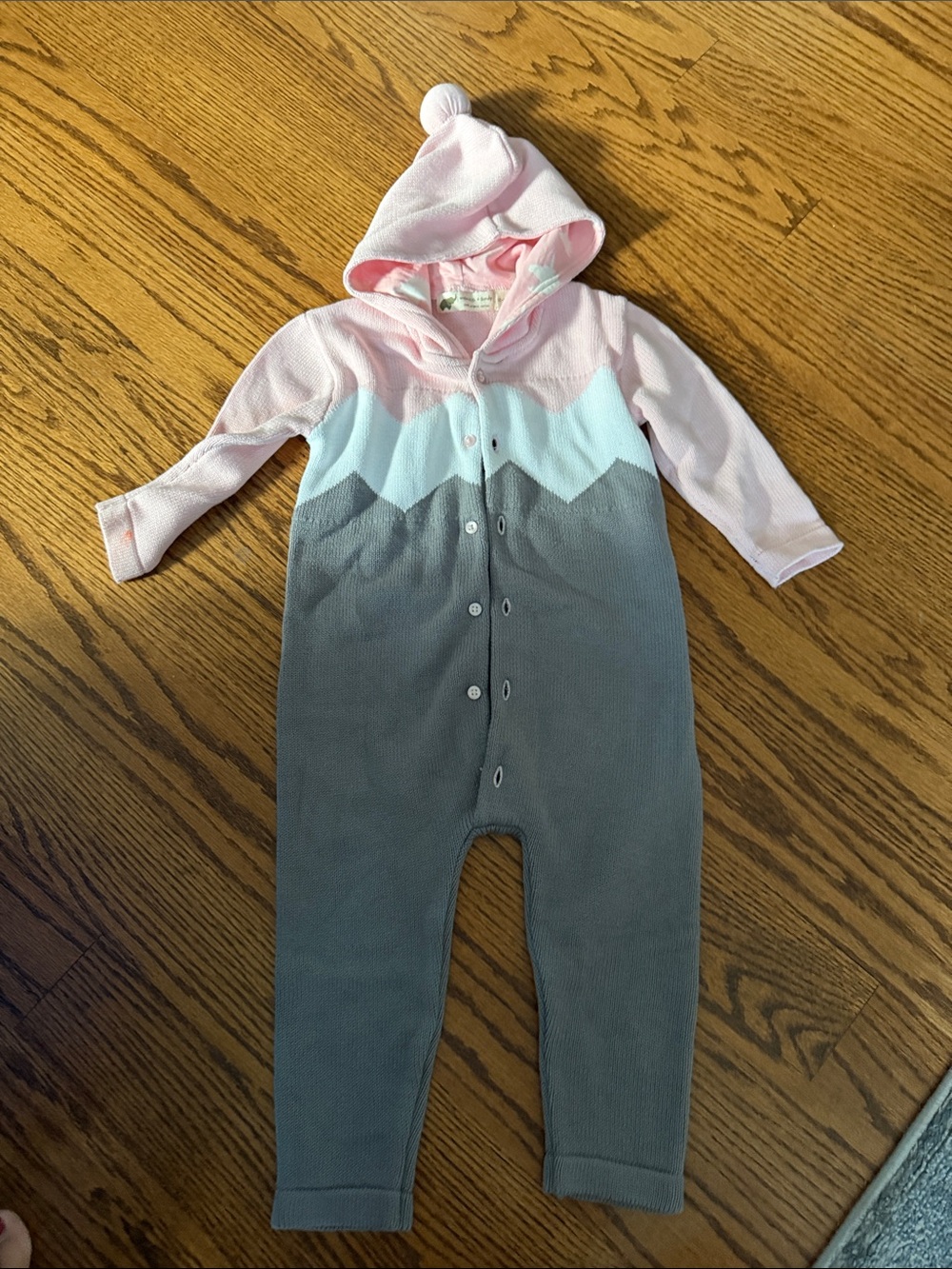 Hooded Baby One-Piece Bodysuit in Pink, White & Gray